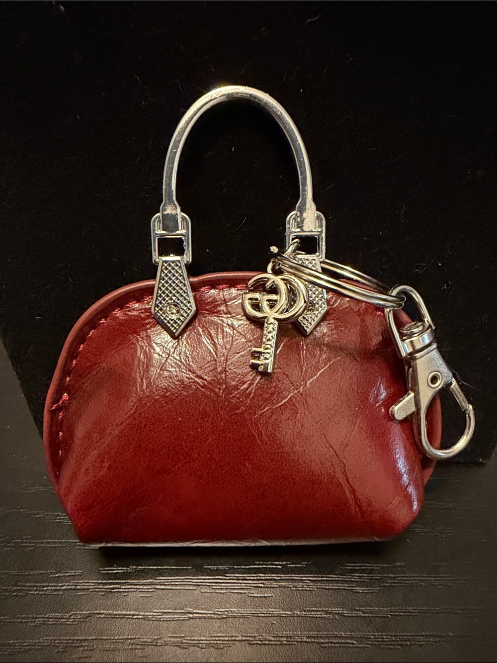 Inspired Mini Burgundy Leather Keychain with Silver Hardware